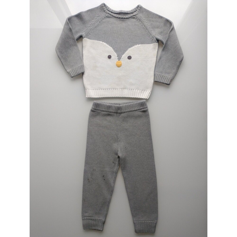 Hanna Andersson ORGANIC Cotton Penguin Knit Sweater Pants Set Gray 90cm US 3T